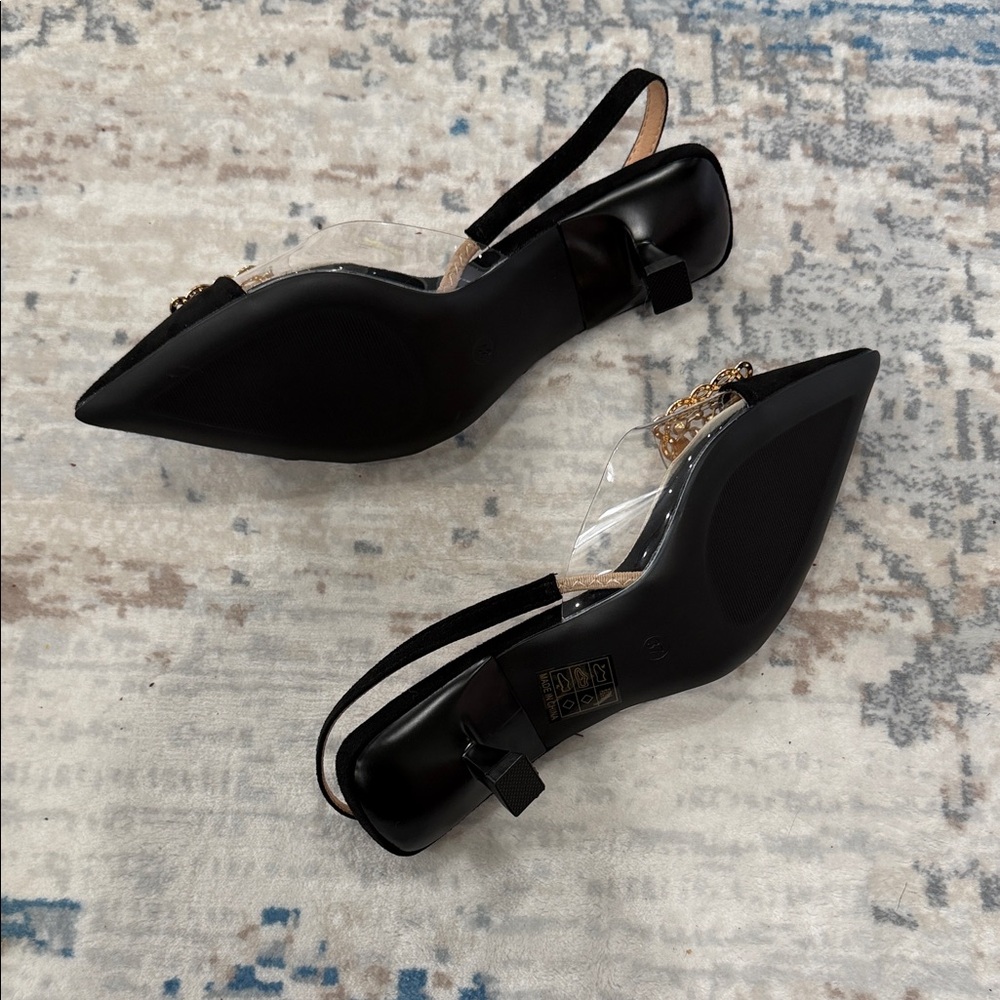 Elegant Pointed Toe Slingback Heels with Crystal Buckle - Black/Tan - Picture 5 of 7